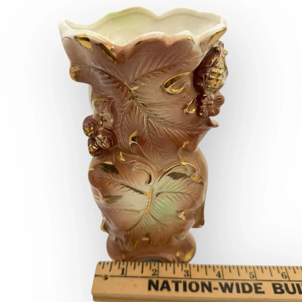 Vtg Golden Acorn Accessories Brown Gold Leaf Vase Japan Mid-Century Thanksgiving